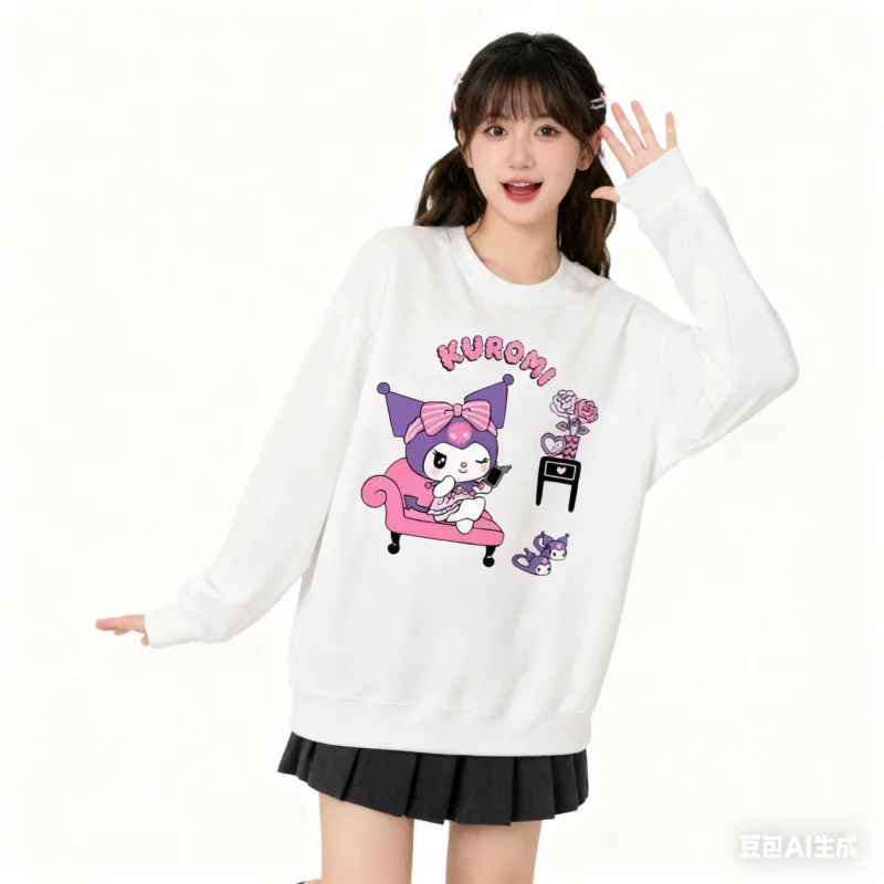 

2025 Sanrio Series Printed Crew Neck Long-Sleeve Top, Cute and Warm Fleece-Lined Crew Neck Long-Sleeve T-Shirt, 100% Cotton