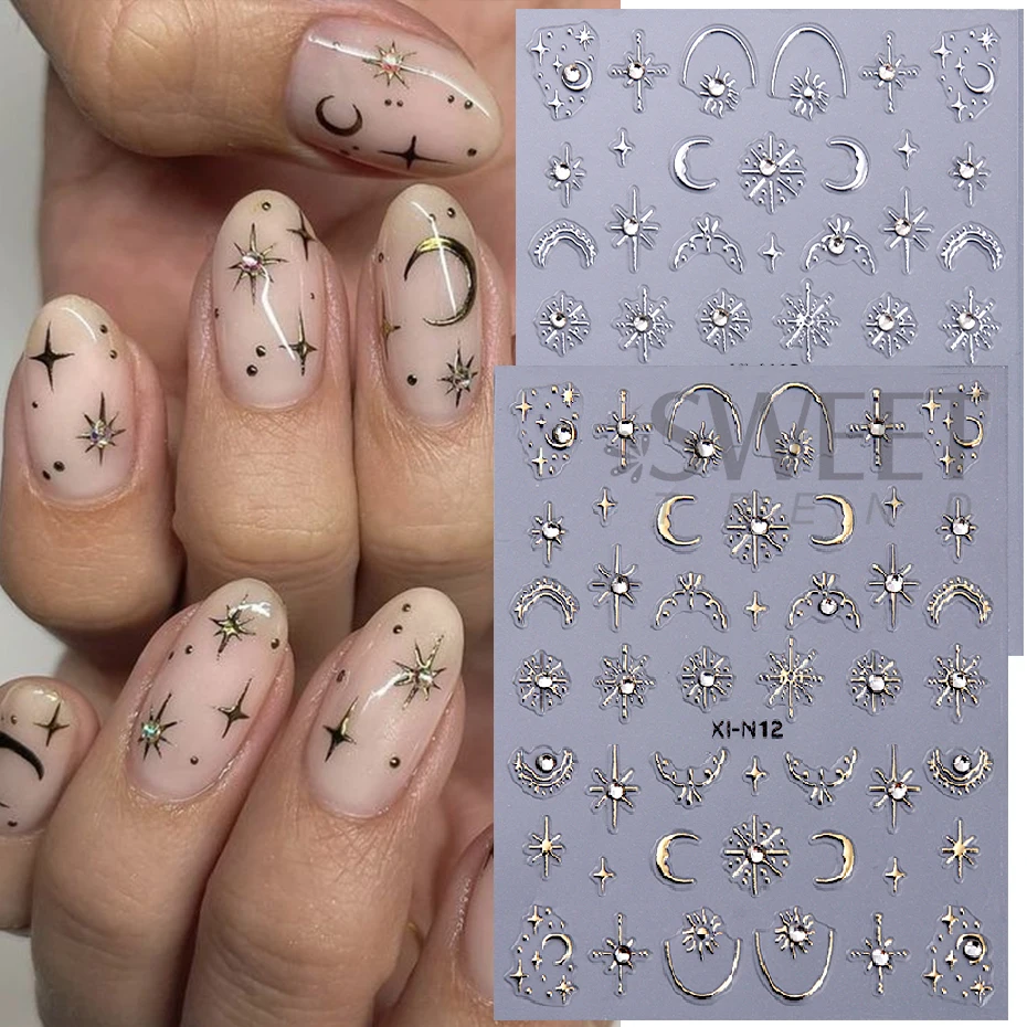 3D Gold Silver Star Moon Bronzing Nail Adesivo, metálico, linha estilo Boho, strass Design, adesivos Slider decalques, Manicure Decor