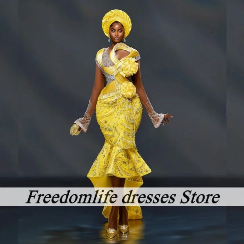 

Роскошные желтые вечерние платья для экипажа с прозрачными рукавами, индивидуальное платье для выпускного вечера Aso Ebi с изысканной аппликацией и кристаллами, Vestido De Festa