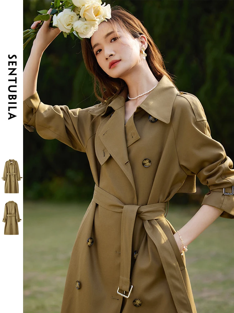 

SENTUBILA Women's Belted Trench Coat Elegant Long Windbreaker Jacket Autumn Winter Double Breasted Maillard Outerwear 123F42871