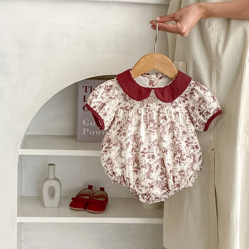 

Summer Baby Girl Clothes 0-2Years Newborn Princess Short Sleeve Peter Pan Collar Flower Romper Cotton Bodysuit Outfits Sunsuit