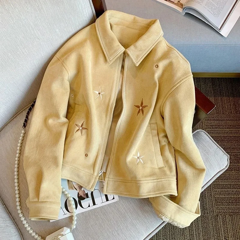 Spring Autumn Vintage Jacket Women Casual Floral Embroidery Long Sleeve Coats Yellow Loose All Match Preppy Sweet Zipper Outwear