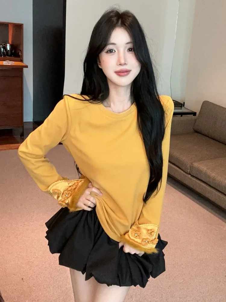 

Sexy Embroidered Long Sleeve Knitted T-Shirt Top And Lantern Short Skirt Set Korean Style Slim Fit Winter Casual round Neck
