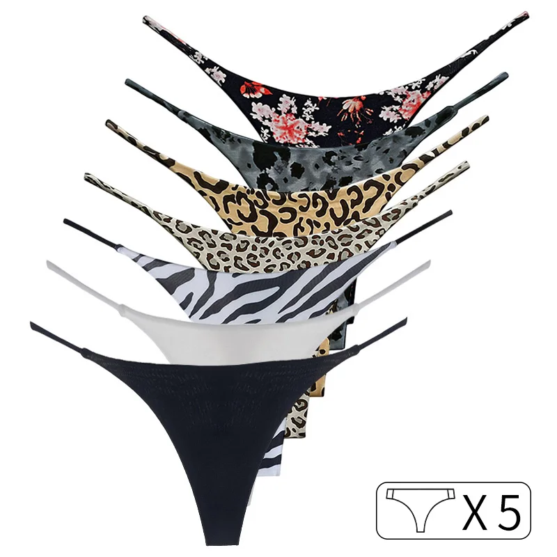 5 sztuk bawełniane G String Leopard majtki damskie kwiat seksowne figi stringi niskiej talii T-back bielizna bezszwowa bielizna rozmiar S-XXL