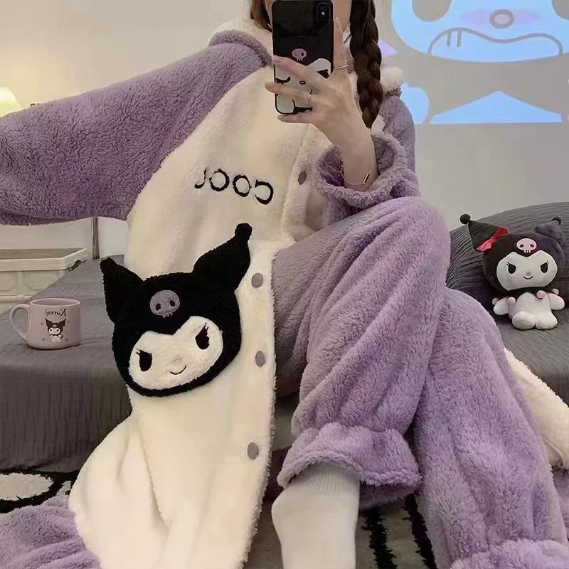 New Sanrio Kuromi Women Winter Coral Velvet Pajamas Thickened Flannel Hooded Sleeping Robe Set Korean Style Fashion Casual Home