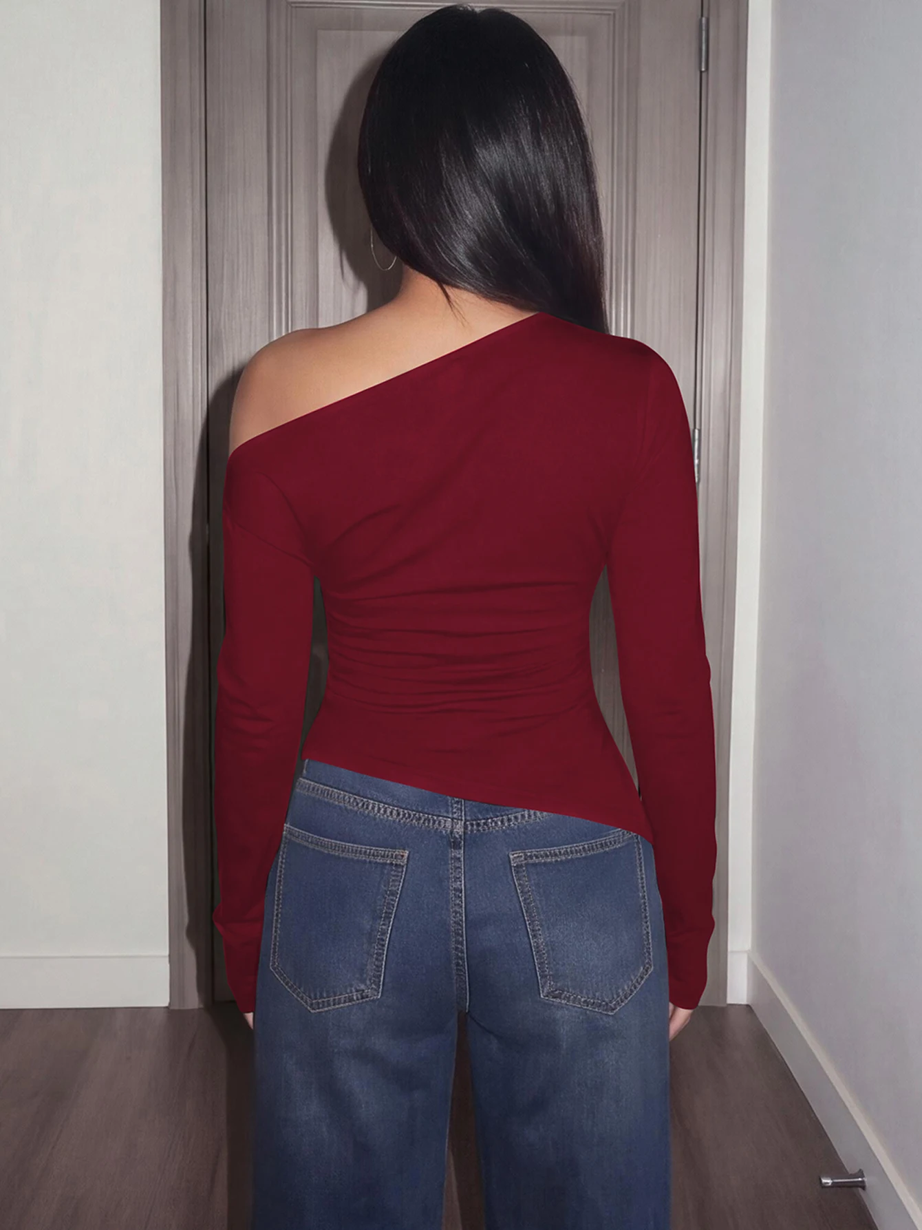 Hugcitar Women'S Fashion Skew Collar Solid Ruched Long Sleeve Sexy Crop T-Shirt Top Casual Clothes Streetwear Party Club Y2K