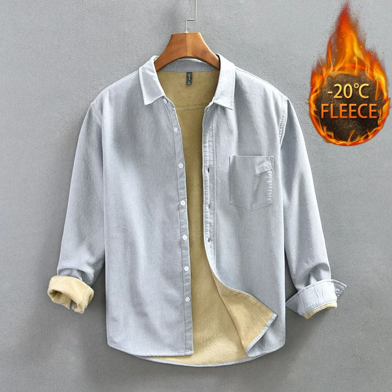 Autumn Winter Thicken Corduroy Fleece Shirts Mens Casual Warm Long Sleeve Shirt Male Cold-resistant Single Pocket Classic Shirts
