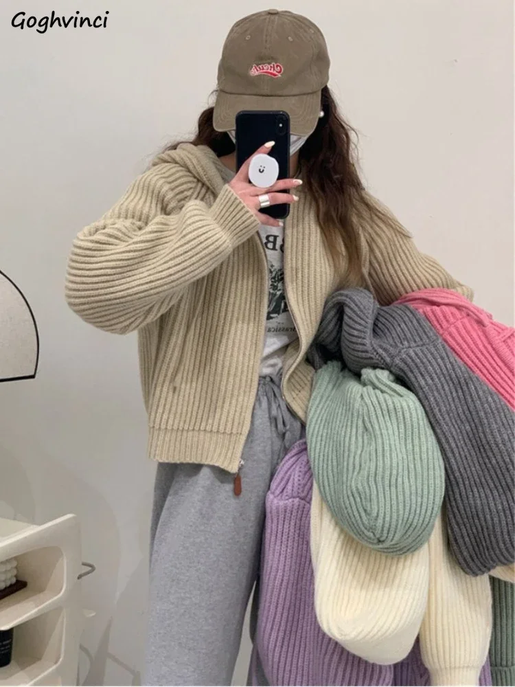 Hooded Cardigan Women Solid Simple Graceful All-match Daily Leisure Basics Personality Young Korean Style Vintage Attractive Ins