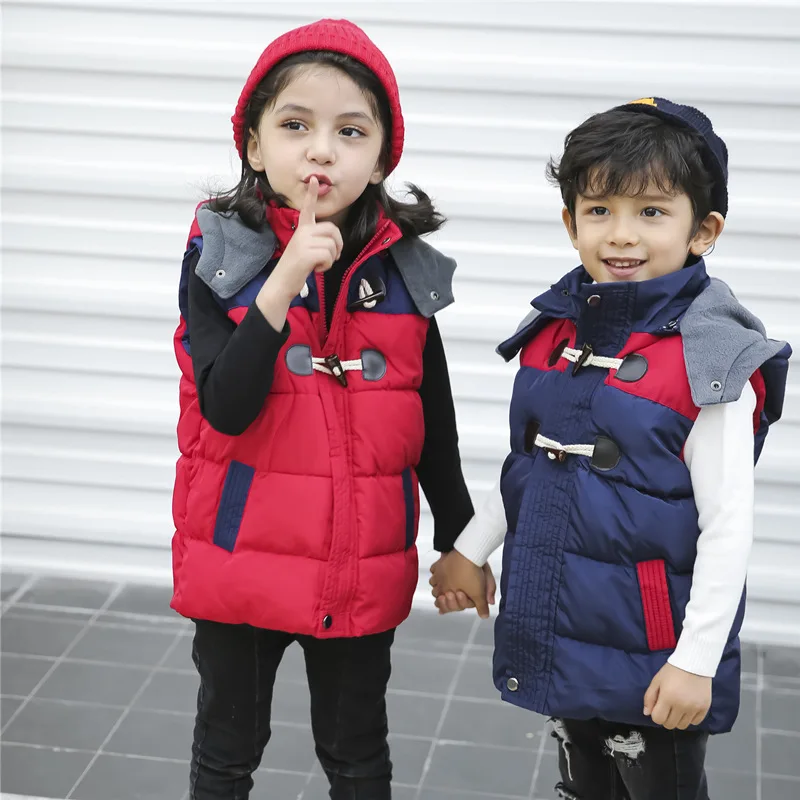 2024 Winter Warm 3 4 6 8 10 11 12 Years Teenager Thickening Outerwear Color Patchwork Hooded Vest Waistcoat For Kids Boys Girls