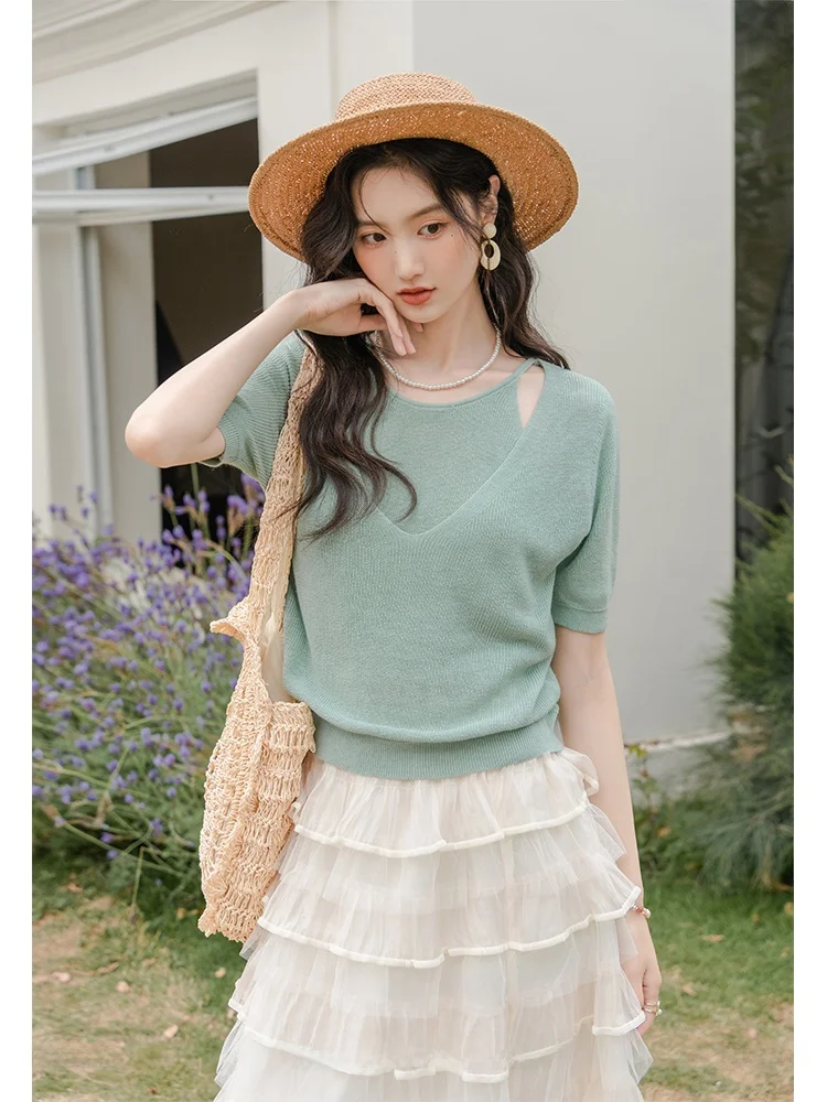 

Уникальный вязаный комплект из двух предметов: укороченный топ и шорты для женщин, летний, тонкий, из смесового полиэстера, с V-образным вырезом, свободного кроя, повседневный стиль