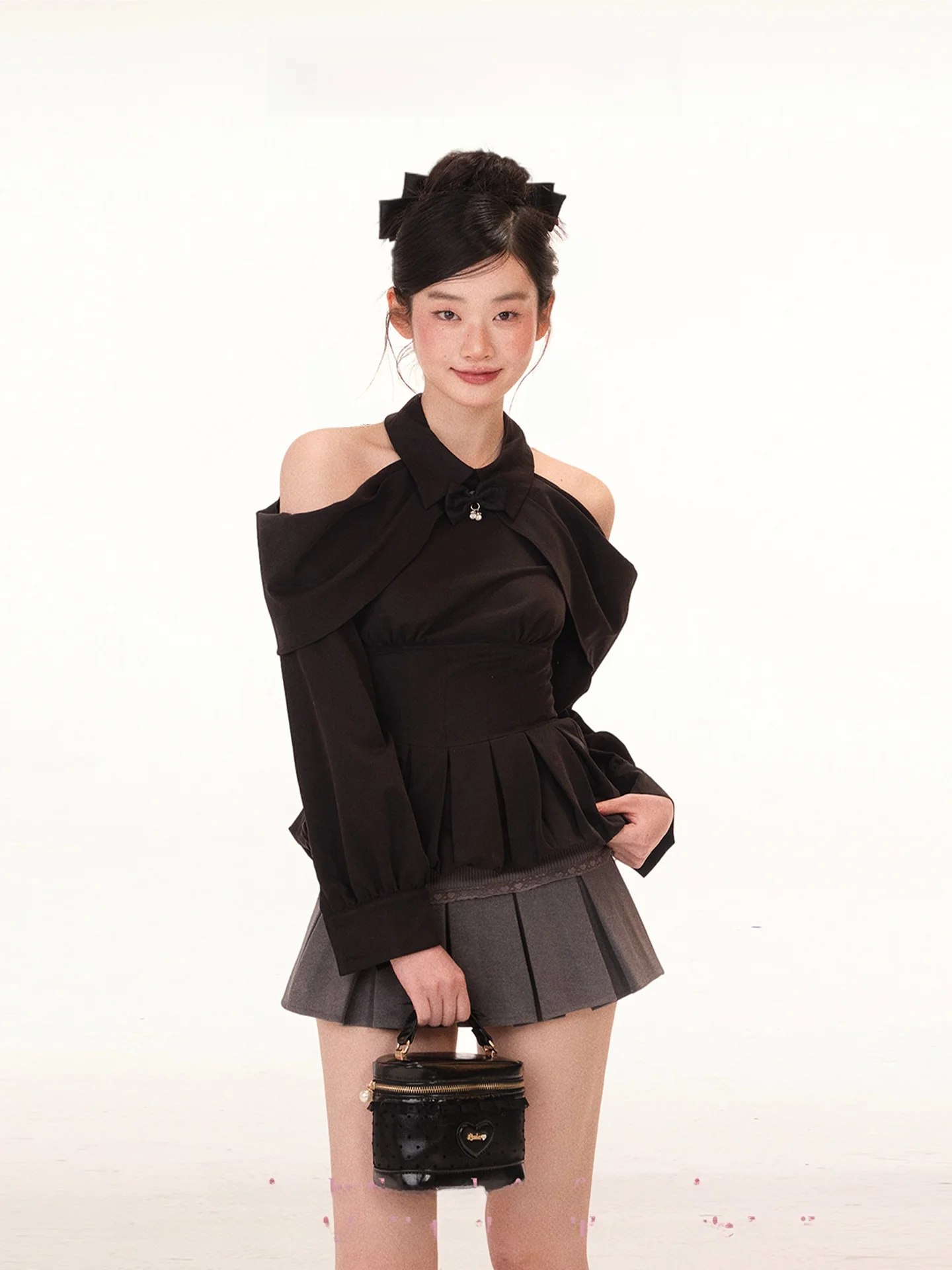 

Sweet Pear Daidai Nicole Diary Spring Hanging Ne Long Sve irt Collar Waist Inward Thin Wool Pleated Skirt Set Women's ...