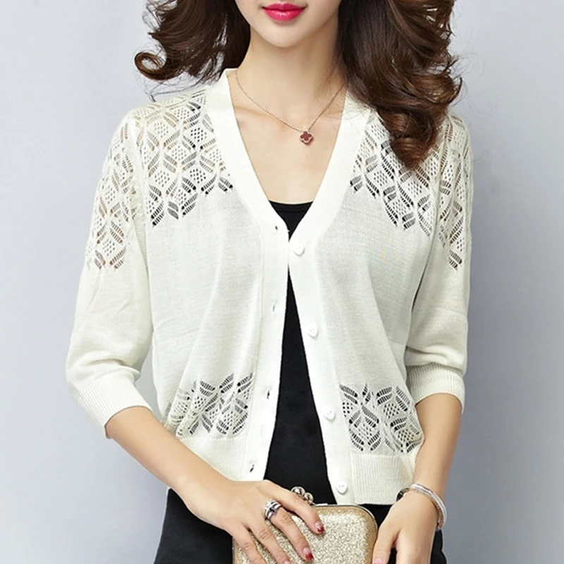 Women Sexy Hollow Out Elegant Single Breasted Knitted Cardigan Summer Casual V Neck Half Sleeve Solid Thin Sun Protection Jacket