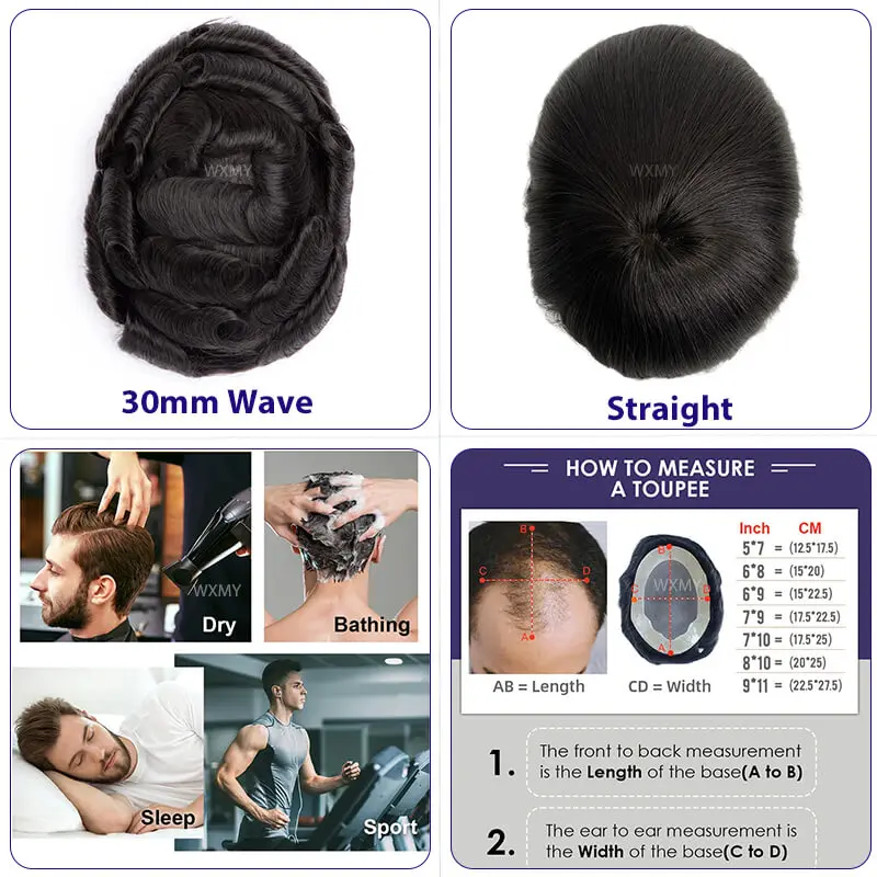 Toupee Men Q6 Swiss Lace & Pu Base Male Hair Prosthesis Indian Natural Human Hair Men\'s Wigs Breathable Man Wig Exhuast Systems