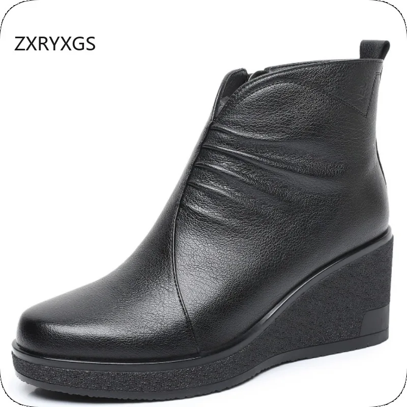 

ZXRYXGS Temperament Elegant Sheepskin Leather Boots 2025 New Fashion Autumn Winter Boots Wedges Non-slip Women's Banquet Boots