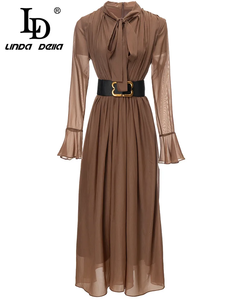 

LD LINDA DELLA Autumn Elegant and Pretty Dresses Women's Butterfly collar loose Belt Splice Back lining Draped party Long Dress