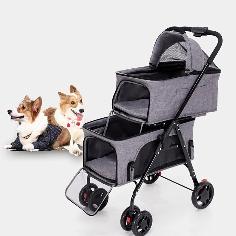 

Pet Stroller with Four Wheels Lightweight Folding and Detachable Double-layer Pet Outing