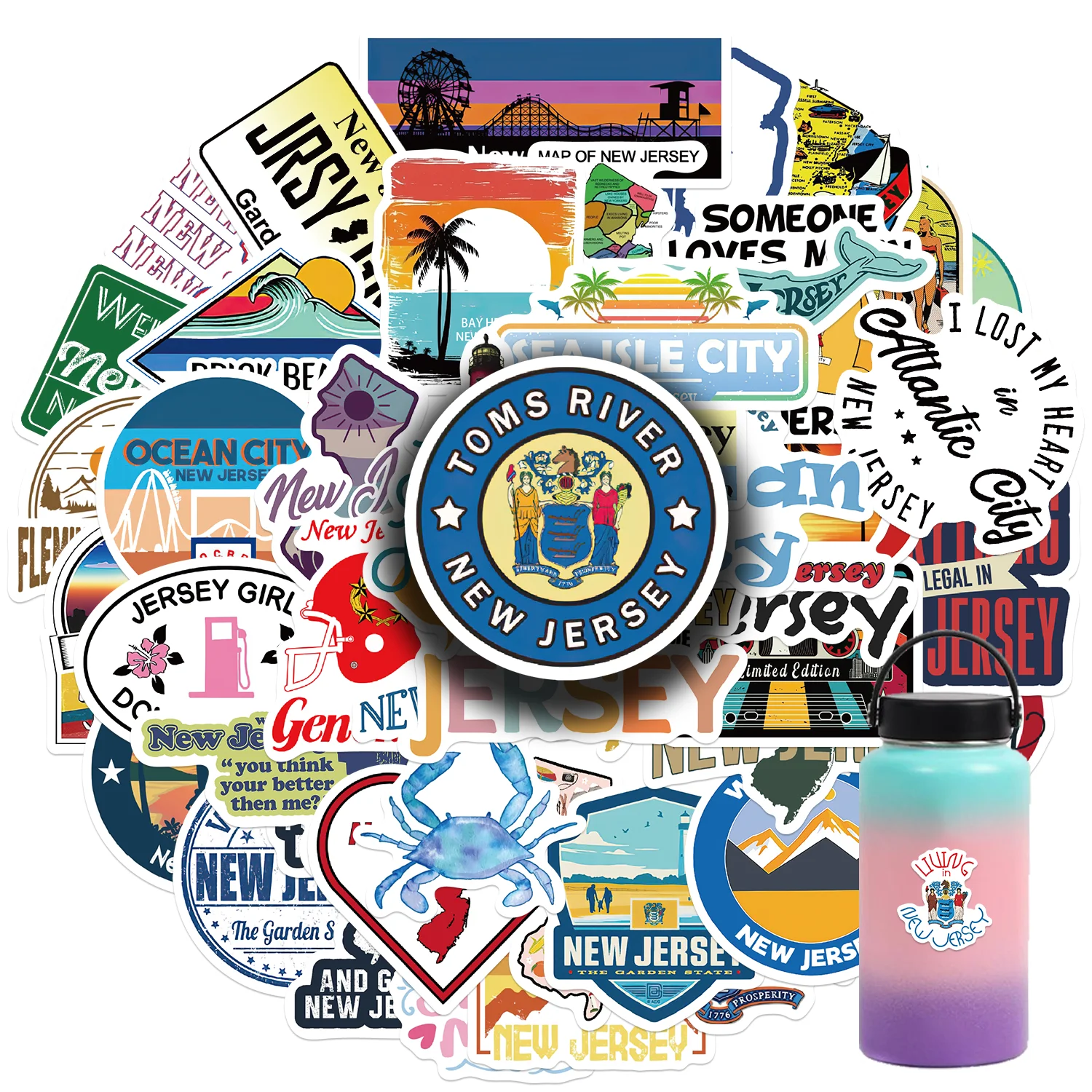 50PCS American New Jersey State Vinyl Waterproof Stickers Decals for Water Bottle Laptop Skateboard Scrapbook Luggage Kids Toy