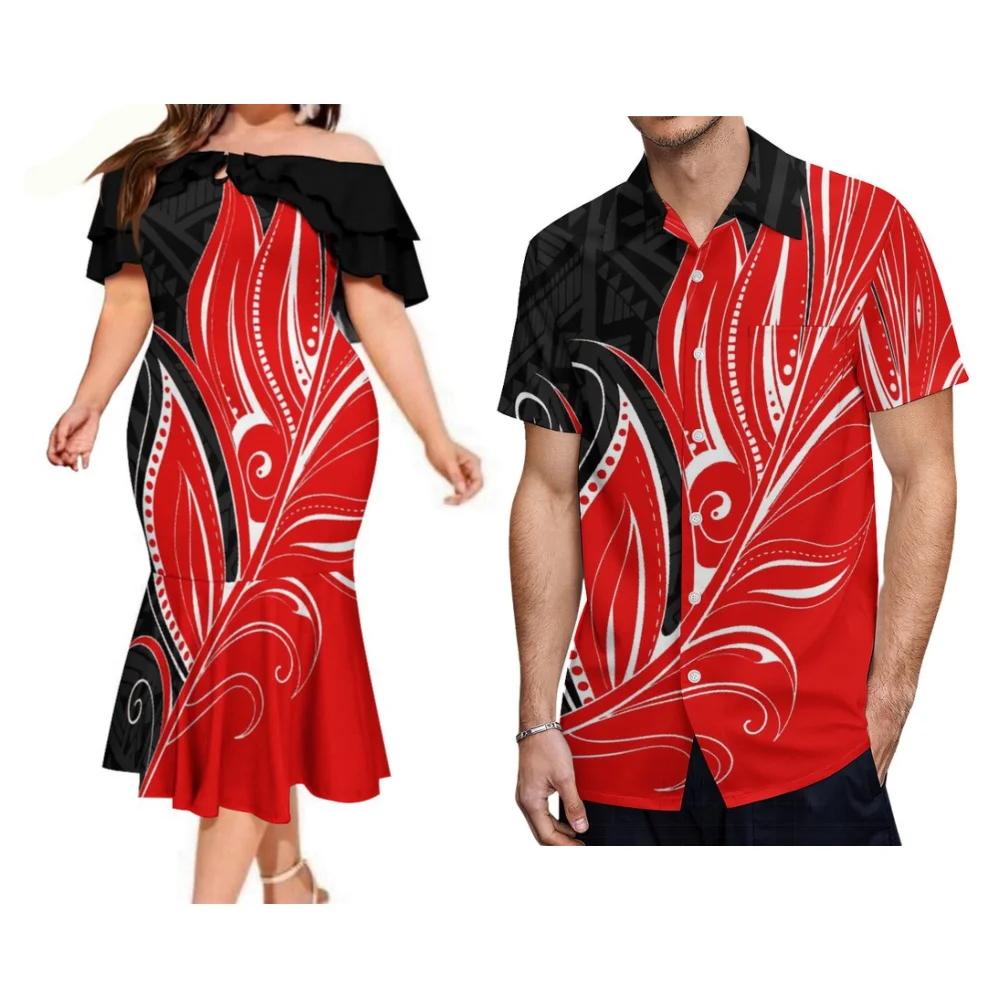 فستان أنيق بكتف واحد على شكل ذيل السمكة للنساء، طقم زوجين مخصص على طراز جزيرة البولينيزية قميص بأزرار للرجال