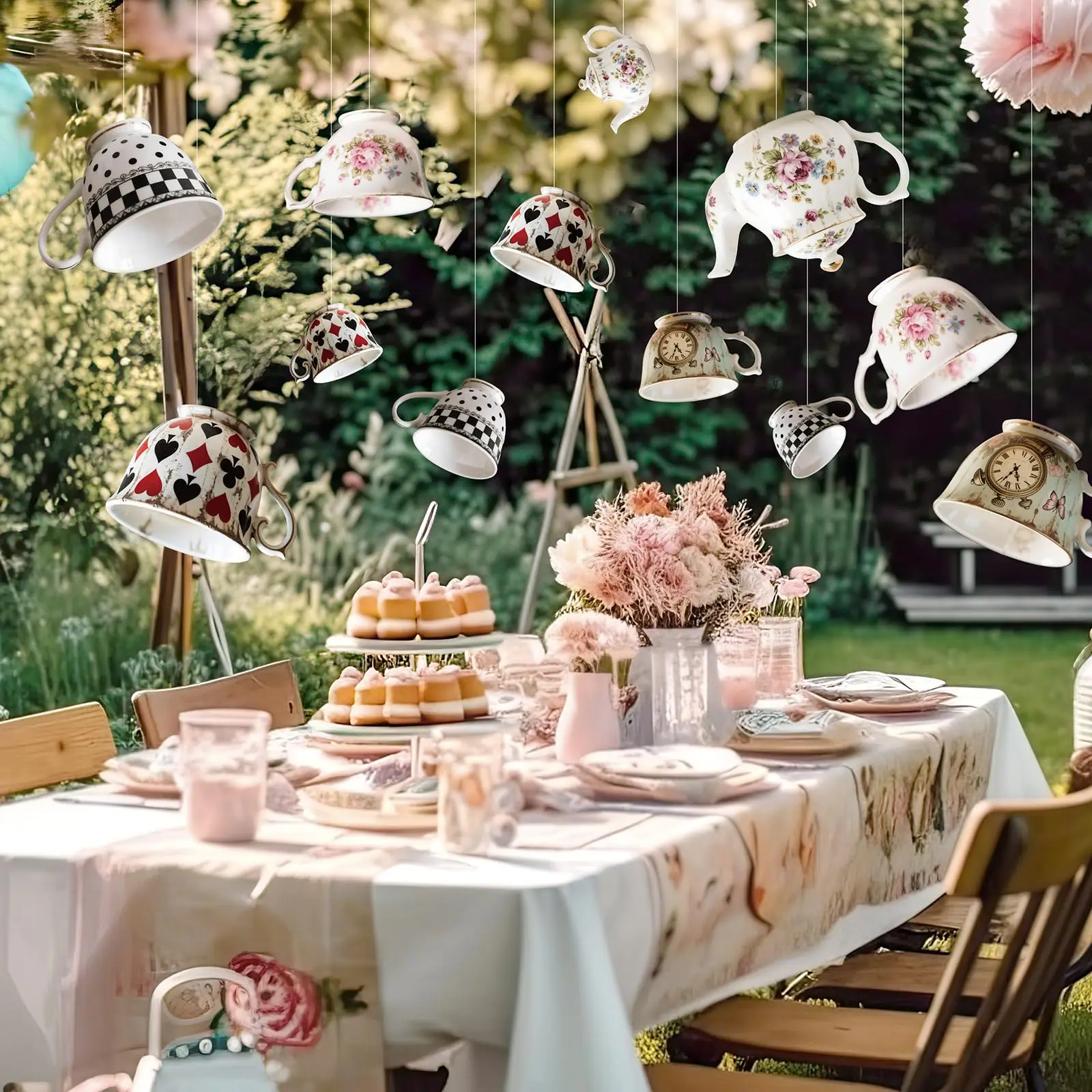Wonderland Teacup Teapot Hanging Decor Vintage Tea Cup Cutouts for Mad Tea Party Birthday Backdrop Decor