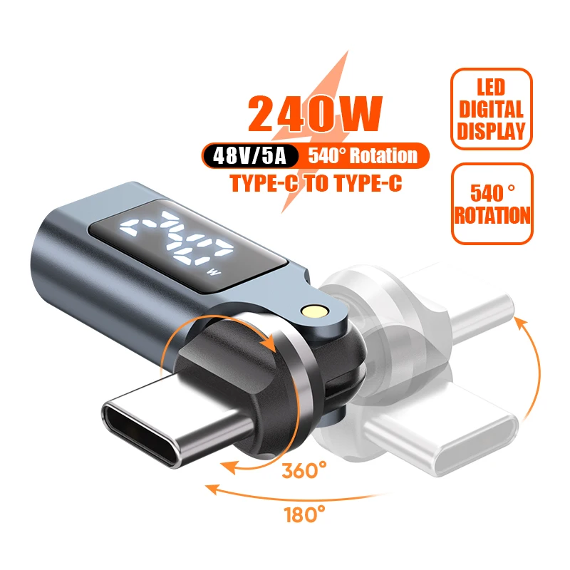 Type-C to Type-C Male to Female PD240W 540 Rotation Adapter OTG Digital Display 5A Fast Charging Convertor For iPhone16 MacBook