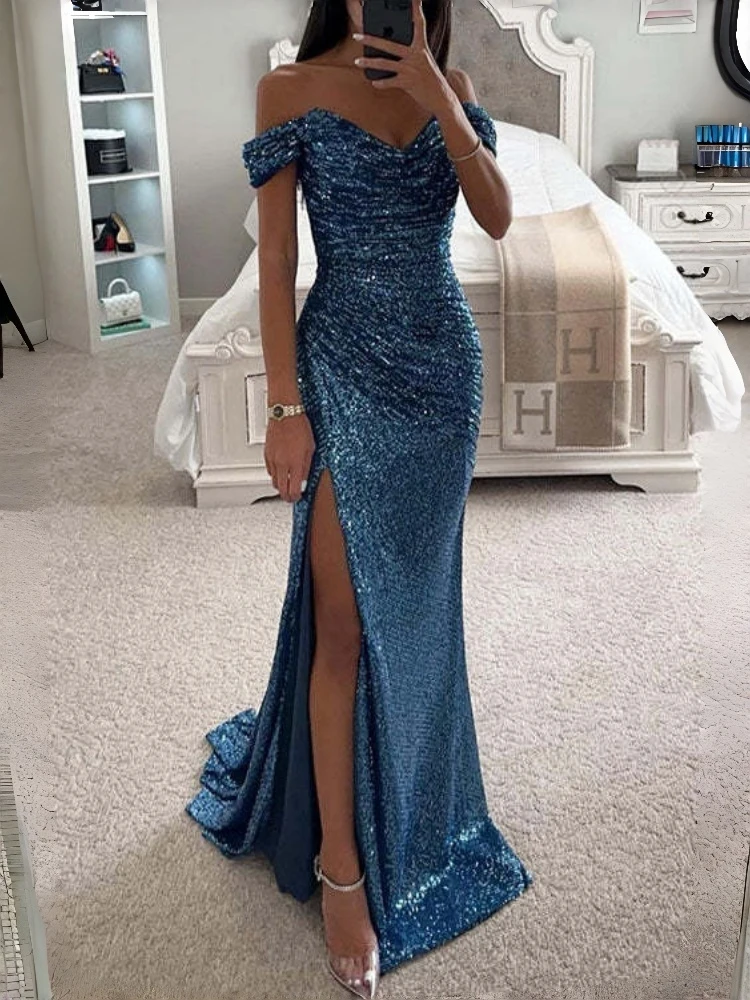 ชุดเดรสยาวผ่าข้างสำหรับงานปาร์ตี้ ผู้หญิง ดีไซน์เซ็กซี่ ประดับเลื่อม คอวี ไหล่เดี่ยว แฟชั่นหรูหรา สำหรับงานพรอม งานราตรี ชุดราตรีผู้หญิง
