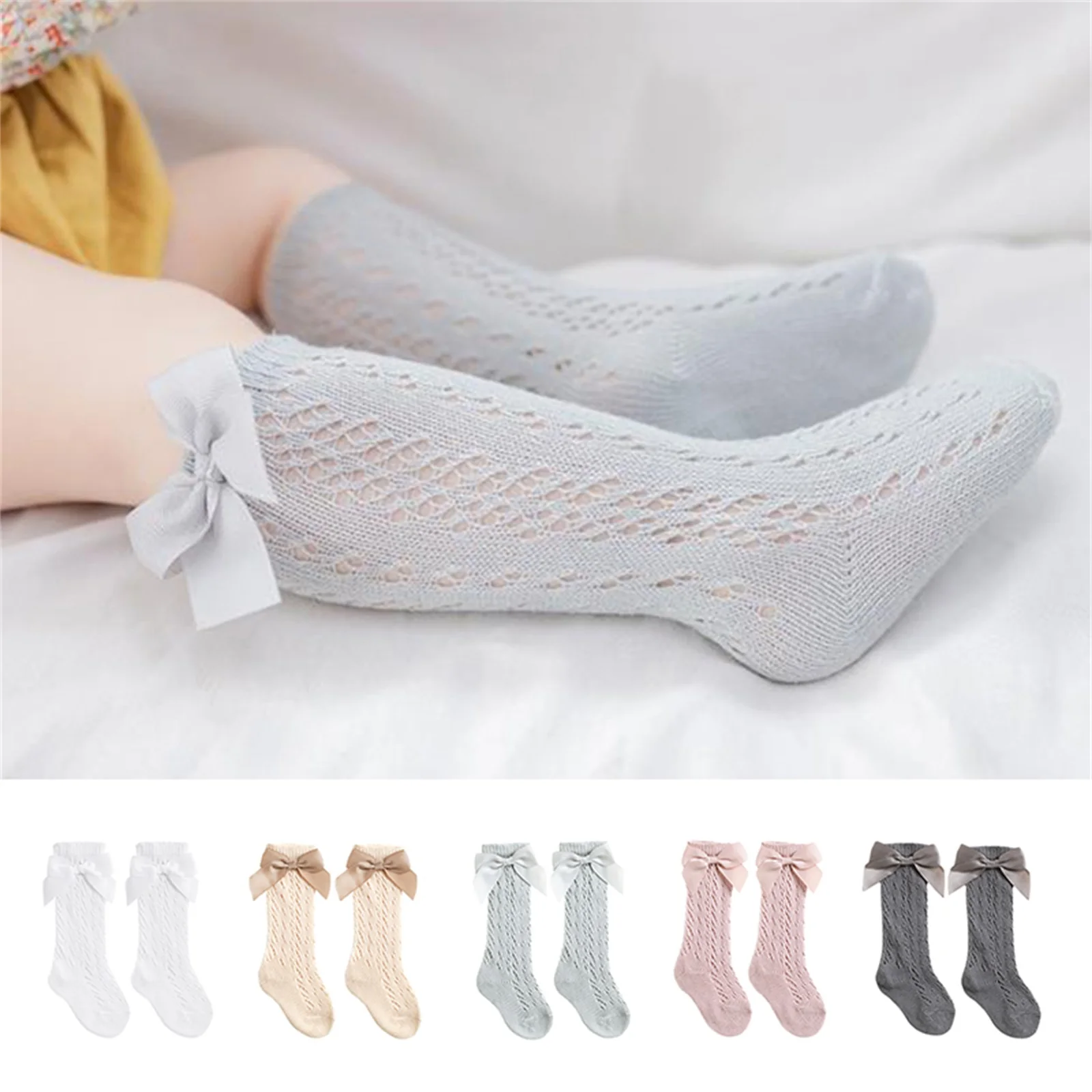 

Summer Toddler Girl Knee High Cotton Socks Solid Color Hollow Out Lace Princess Stockings with Bow