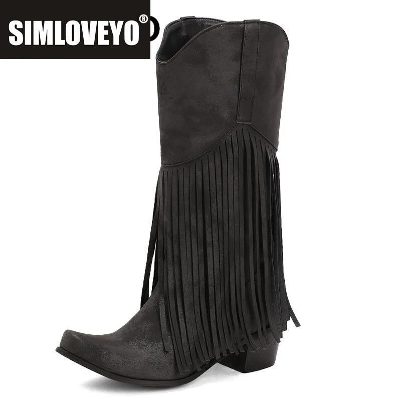 

SIMLOVEYO Women Fringe Western Boots Square Toe Block Heels 5.5cm Slip On Flock Suede Plus Size 46 47 48 Leisure Retro Booties