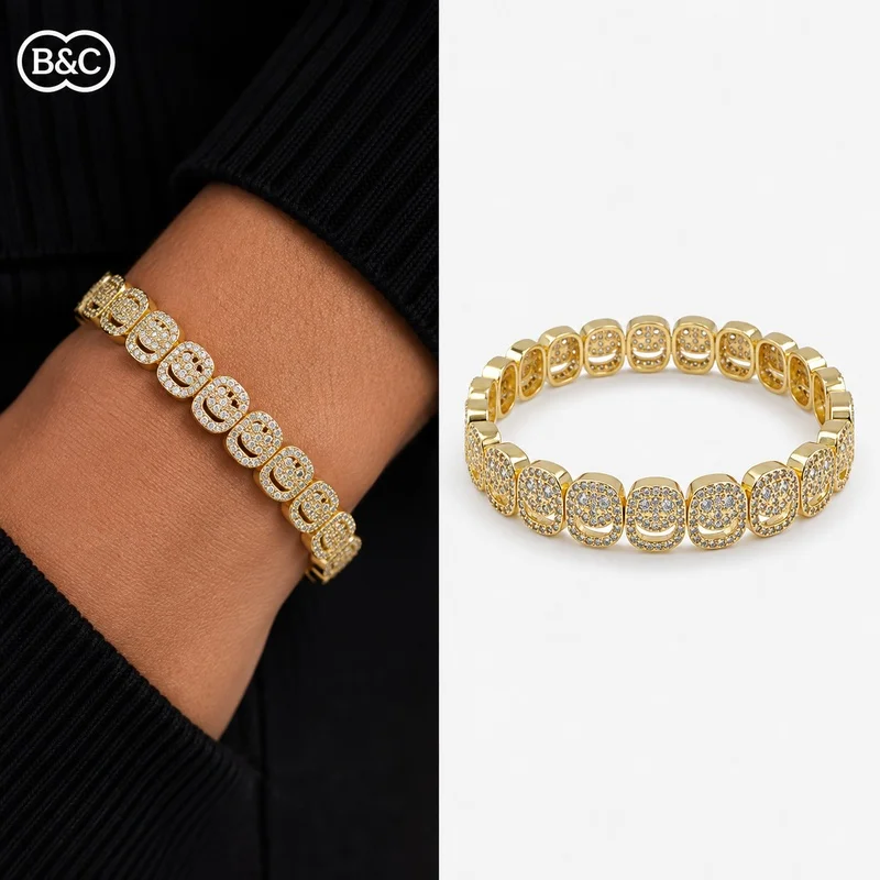 B&C Trendy Bling Cubic Zirconia Bracelet Mens Elastic Hop Statement Hand Decoration