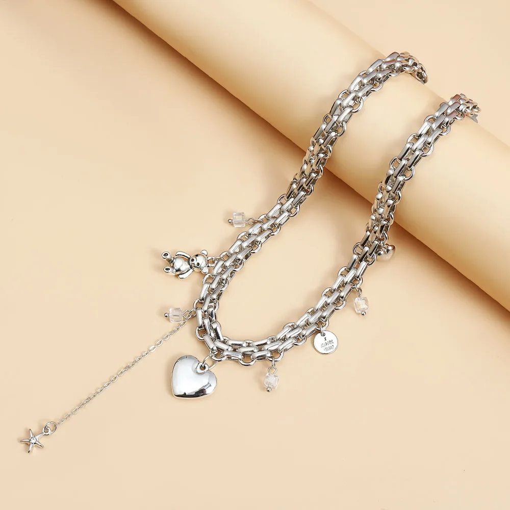 Heart Little Bear Star Pendant Statement Jewelry for Women Silver Multi-Layer Choker Necklace Y2K Style Stackable Chain Necklace