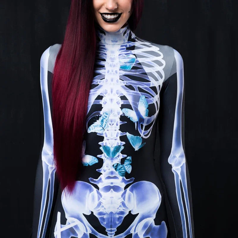 Teanoon Men X-Ray Skeleton Costume Halloween Party Suit Male Funny Zentai Bodysuit Long Sleeve Back Zipper Catsuit Clothing