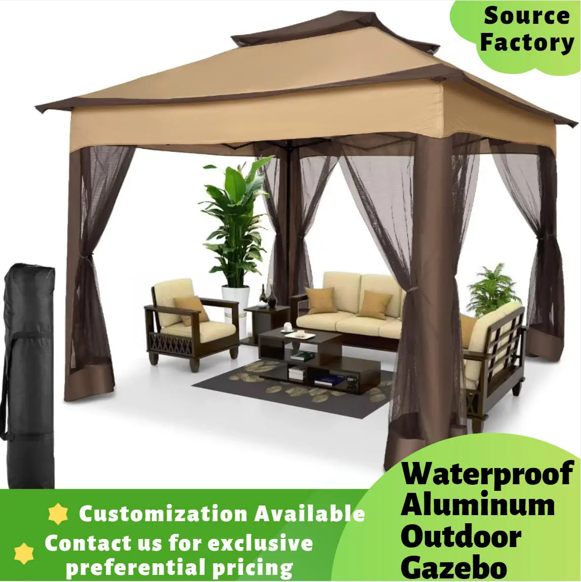 

11x11 Pop Up Gazebo One-Push Canopy Tent with Mosquito Netting Double Roof Ventilation Outdoor Shelter Waterproof UV Protection