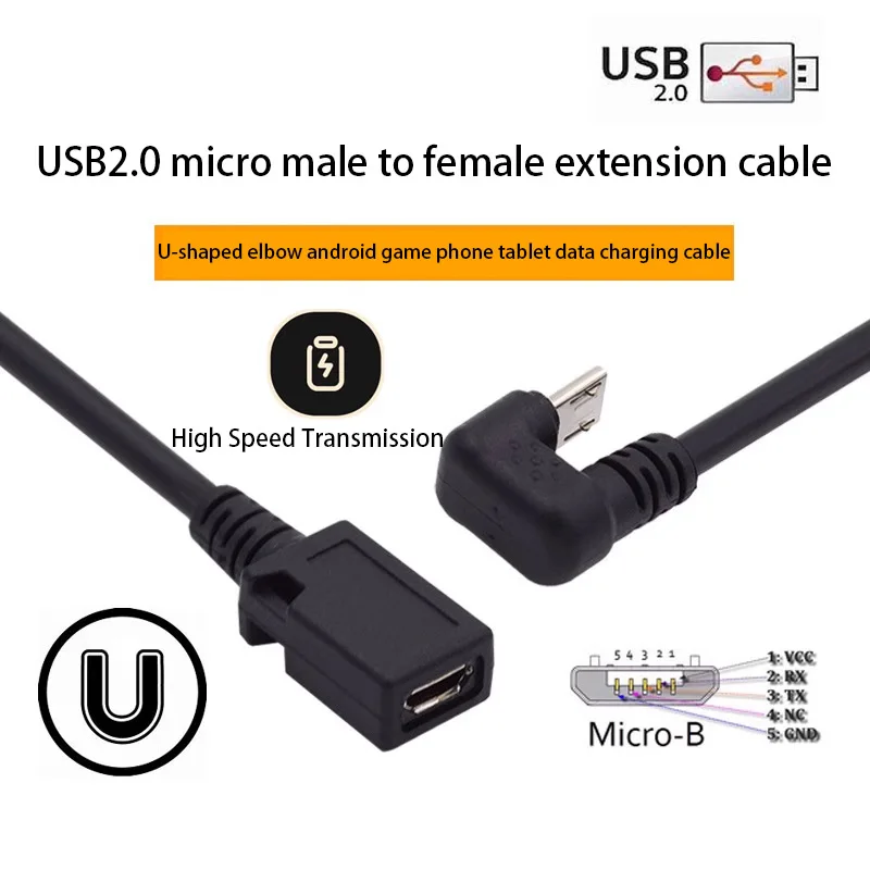 U-shaped 360 Degree Elbow Micro USB 2.0 Micro Male To Female Extension Cable for Mobile Phone Tablet Data Charging Cable 25cm