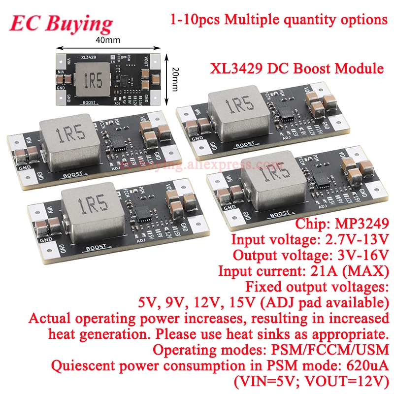 1-10Pcs MP3429 5V 9V 12V 15V DC Step Up Boost Module Low Ripple 21A Peak Input Current Lithium Battery Booster Power Supply MCU