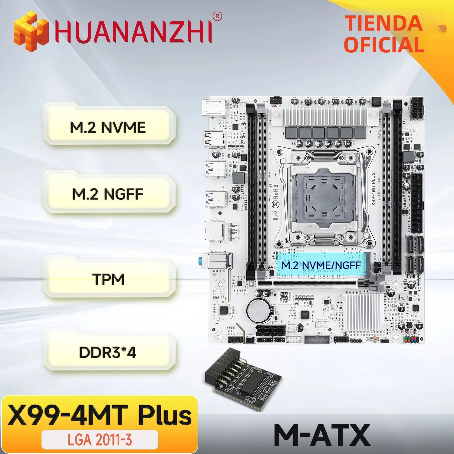 Placa Base HUANANZHI X99-4MT PLUS+TPM2.0 LGA 2011-3 Xeon - Compatible con Memoria DDR3, NVMe y SATA para Juegos y Uso Empresarial