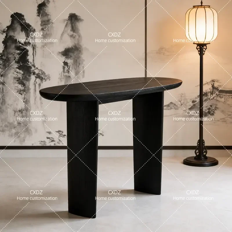 Medieval Solid Wood Entryway Table Black Unique Shaped Console Table for Living Room Wall Mounted Art End View Display Stand