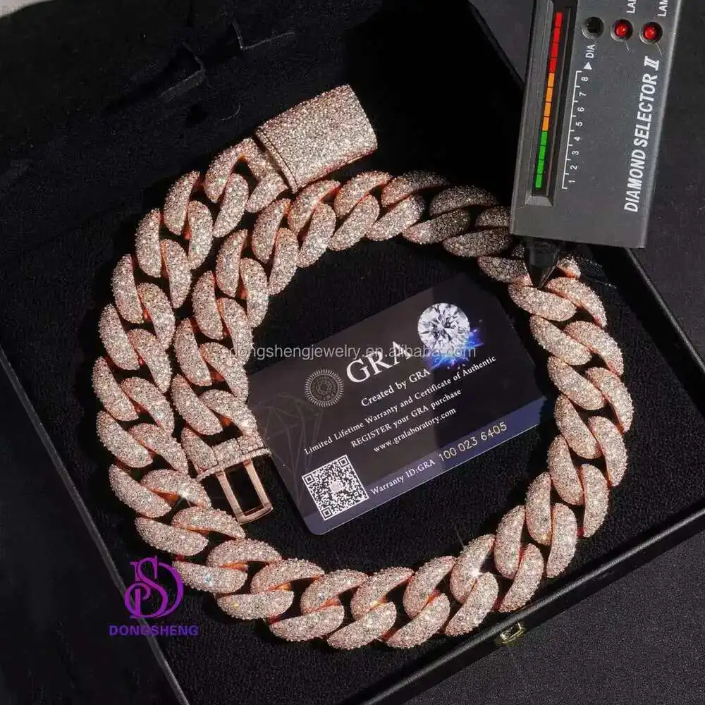 

Heavy Solid 925 Sterling Silver 22mm Mens Vvs1 Round White Moissanite Diamonds Studded Cuban Link Chain