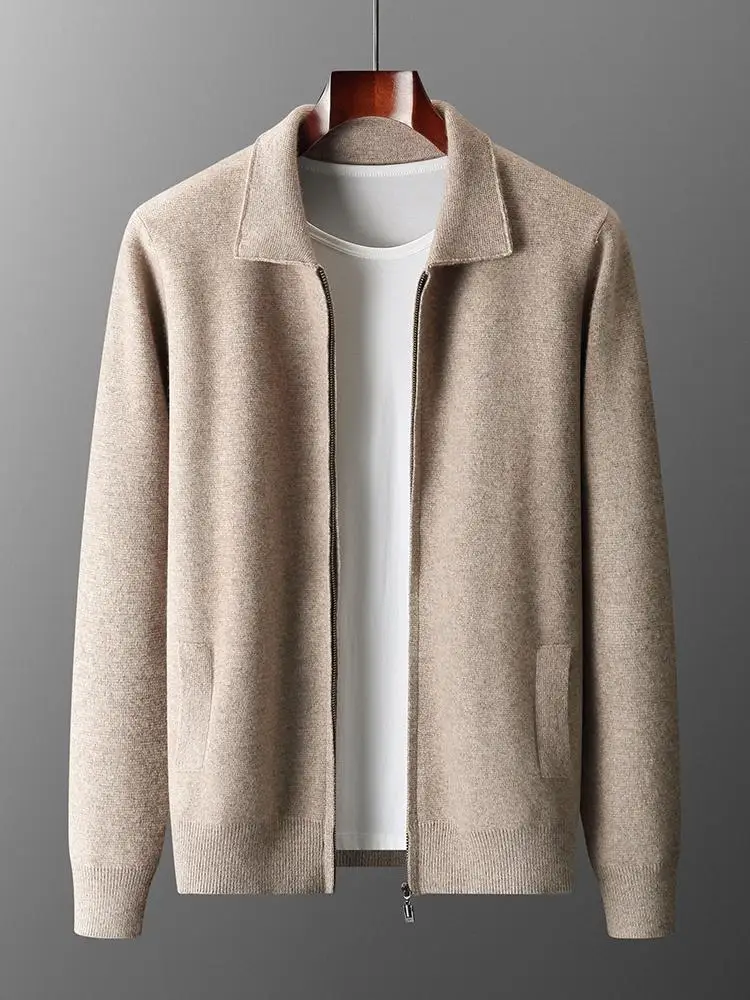 Autumn Winter 100% Merino Wool Men Sweater Thick Warm Polo Collar Zip Cardigan Jacket New Business Casual Cashmere Knitted Coat