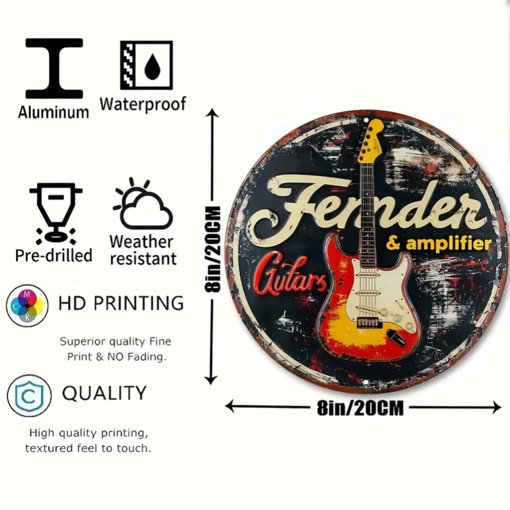2D Flat High Definition Metal Wall Art Vintage Distressed Fender Guitars and Amplifier Classic Music Theme Metal Sign Featuring