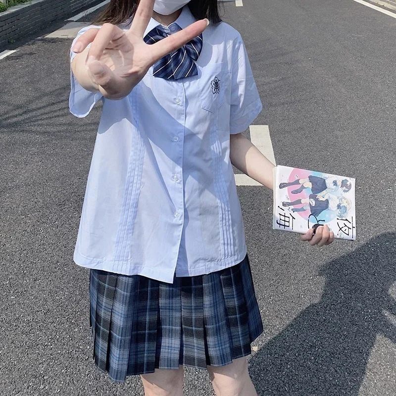 Uniforme scolaire japonais JK d'été pour femmes, chemisier bleu, chemise à carreaux, jupe plissée taille haute