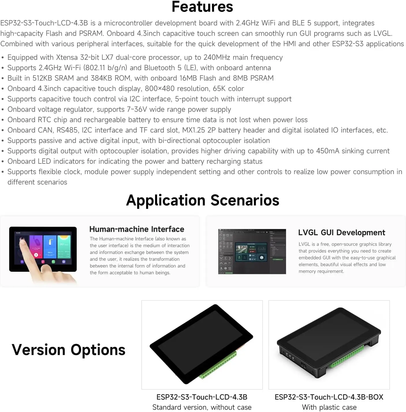 Waveshare ESP32-S3 4.3 بوصة IPS شاشة تعمل باللمس شاشة الكريستال السائل مجلس التنمية نوع B 800 × 480 HMI LVGL GUI تطوير لاردوينو IDE