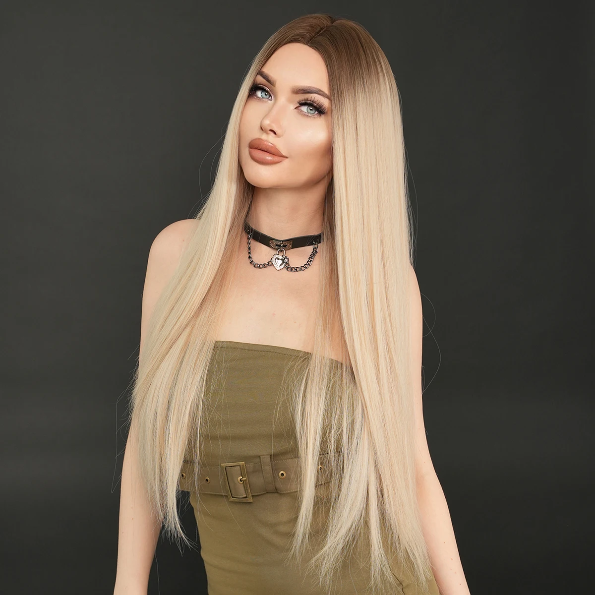 NAMM Long Straight Blonde ﻿Wig For Women Dark Roots Daily Party Heat Resistant Synthetic Layered Hair Wigs With Mid Split Wig