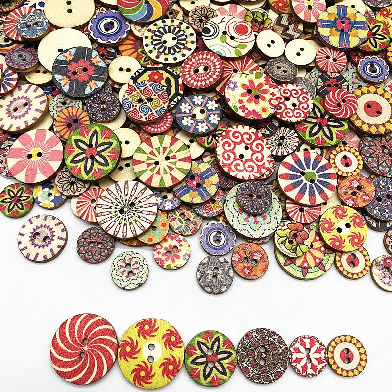 15-25mm Round Multiple Patterns Original Printed Round Wood Buttons Handmade Scrapbooking for Wedding Decor Accessories