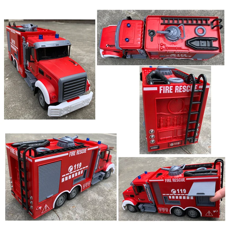 รถบรรทุก RC 1:12 บันไดรถดับเพลิงรถบรรทุกออฟโรดเครนตีนตะขาบสเปรย์น้ำสปริงเกลอร์รีโมทคอนโทรลรถวิศวกรรมไฟฟ้ากู้ภัย