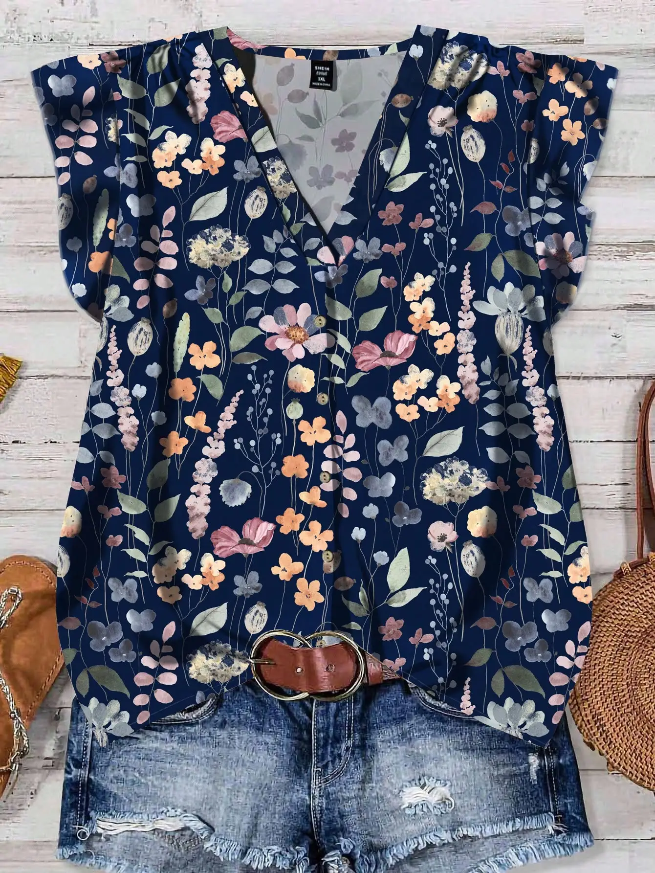 

Women Casual Loose Flutter Sleeve Blouse With Floral Print Front Button Closure