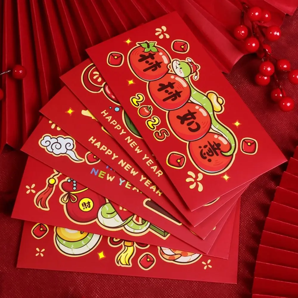 6Pcs Cartoon 2025 New Year Red Envelope Blessing Best Wishes Lucky Red Pockets Chinese HongBao Snake Year Red Envelope