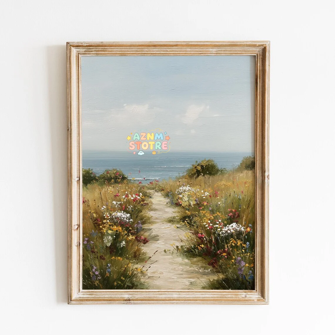 Coastal White Wildflower Painting, Summer Vintage Beach Farmhouse Digital Print, Moody Floral Landscape, Flower Field Spring