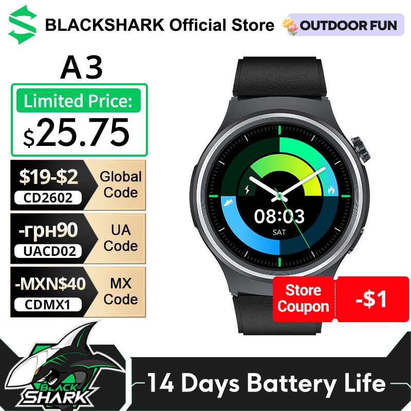 Global Version Black Shark A3 1.53'' Display 14 Days Life 120+ Sports Modes Over 240 Watch Faces 3ATM Health Monitoring