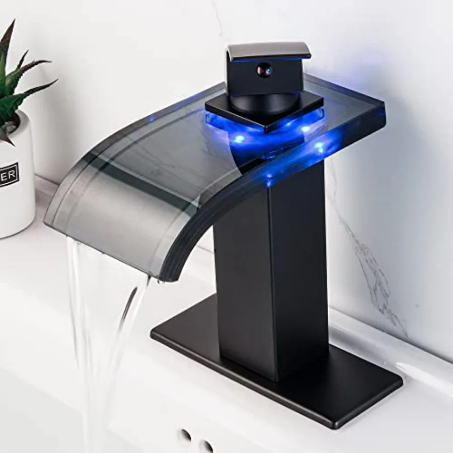 Grifo LED para Lavabo de Baño, Grifo Cascada de Acero Inoxidable Negro con Luz Integrada, Grifo de Baño de 1 Orificio con Distancia entre Ejes de 4 Pulgadas