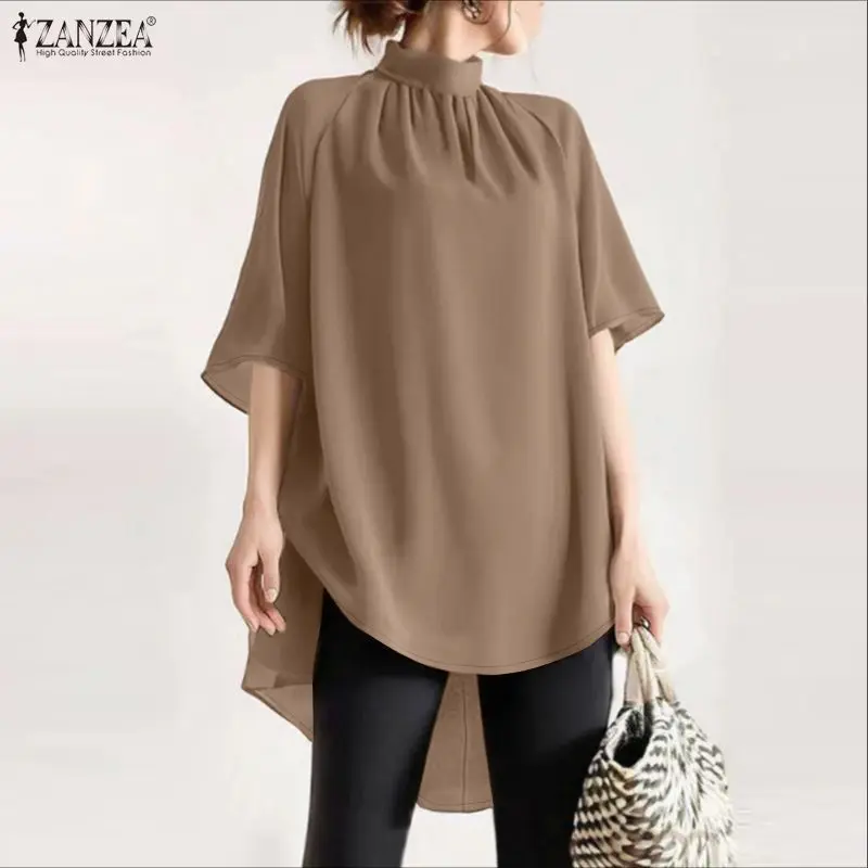 

ZANZEA Women Fashion High-Low Long Blouses Gathered Stand Collar Half Raglan Sleeve Solid Color Tops Streetwear Woman Clothes