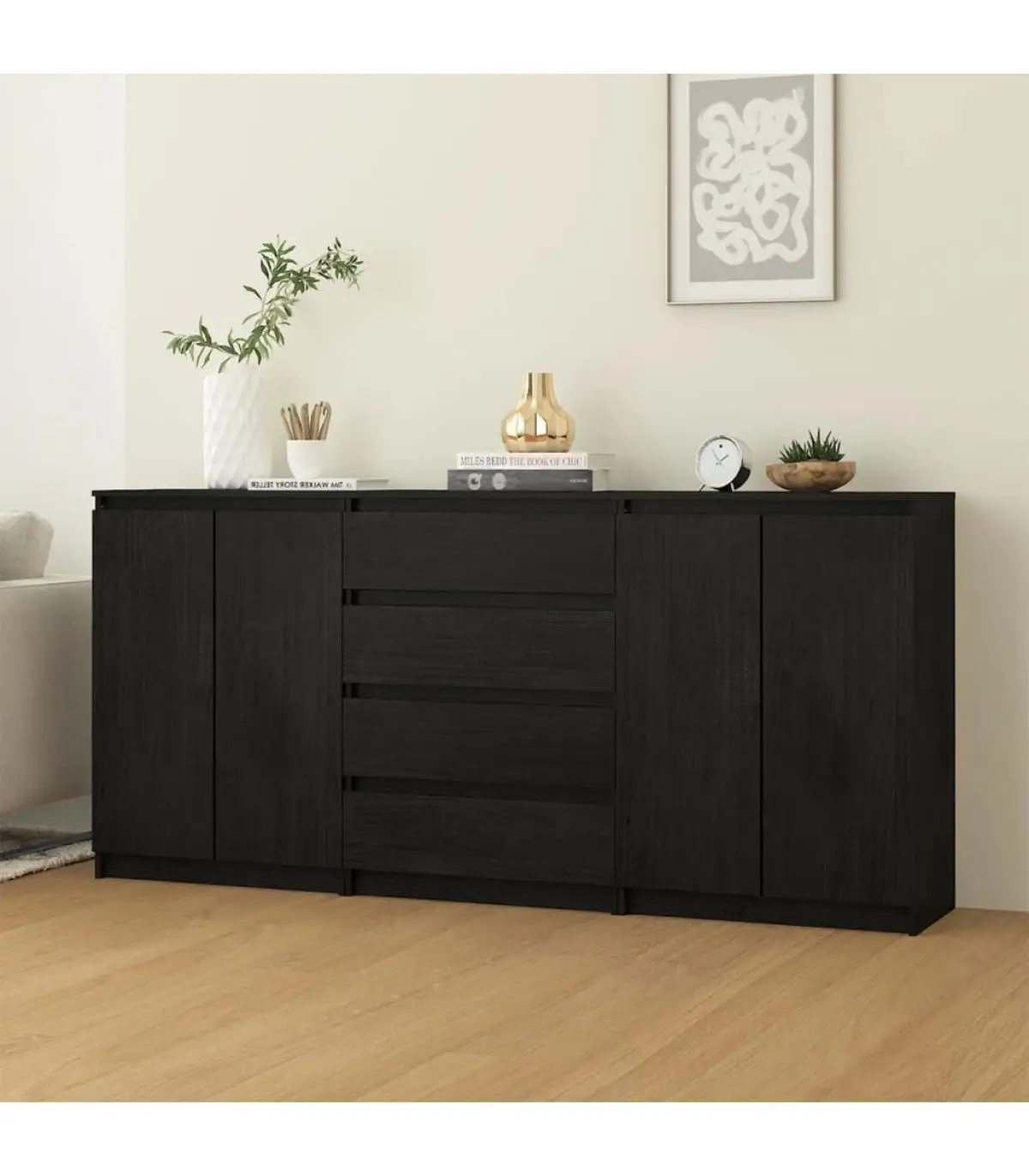 3 PCs Solid Wood Pine Black Auxiliary Cupboard